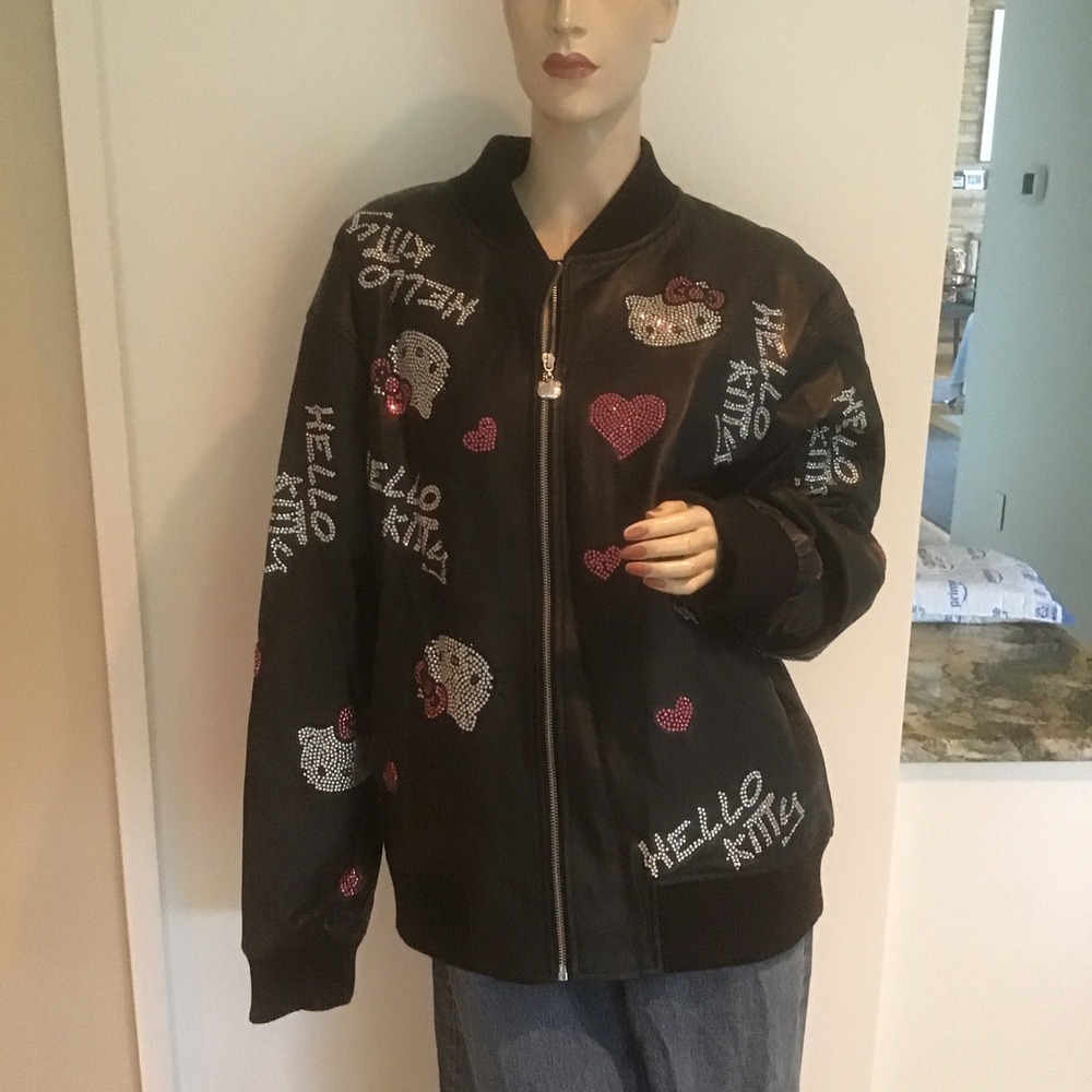 NEW Forever‎ 21 Hello Kitty Rhinestone Bomber Jacket Black Faux Leather Sanrio L